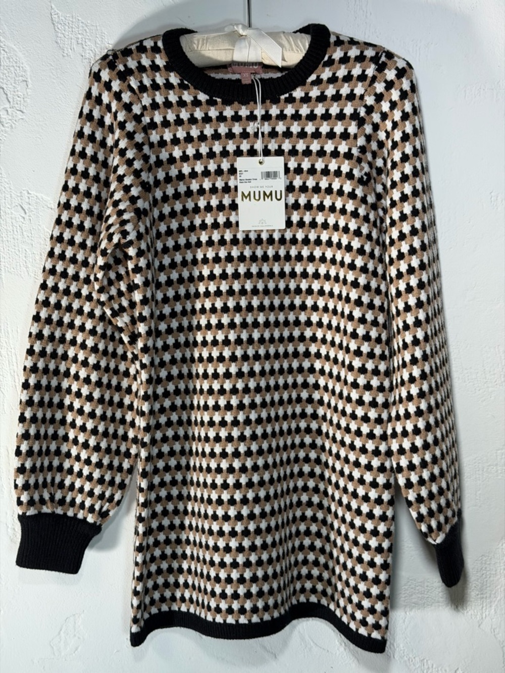 Show Me Your Mumu Black, Cream & Brown Houndstooth Knit Mini Sweater Dress - Picture 3 of 16